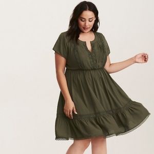 Torrid 5x Olive Green LACE & CHALLIS SKATER DRESS